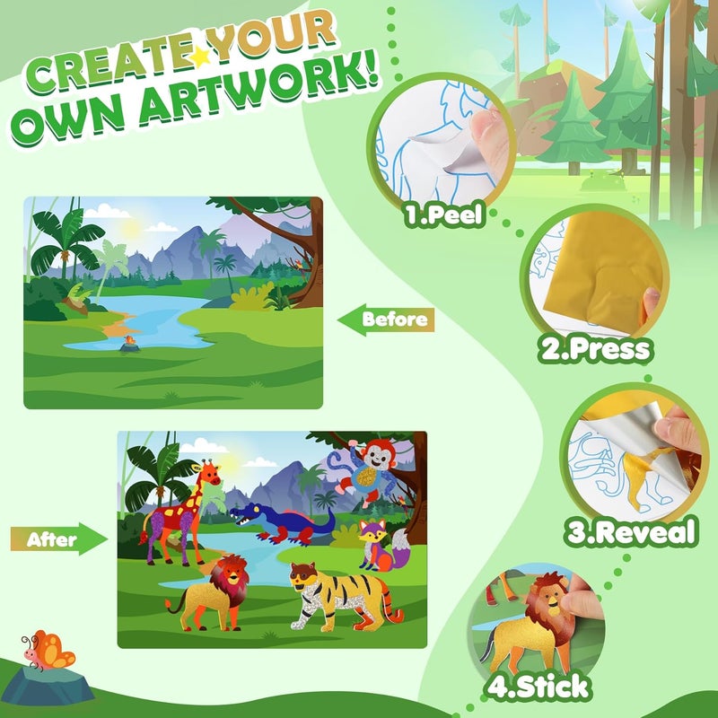 URMYWO Fun Foil Art Craft Kits, Arts and Crafts for Kids 4-6, DIY Dinosaur & Space Creative Sticker Coloring Activity, Craft Supplies, Travel Toys, 4 5 6 7 8 9 10 Year Old Boy Girl Gifts - Image 2